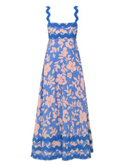 Blue Floral Printed Flared Dress