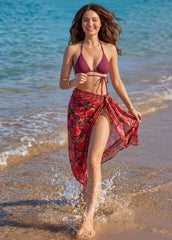 Wine Red Tie-up Bikini Set with Sarong