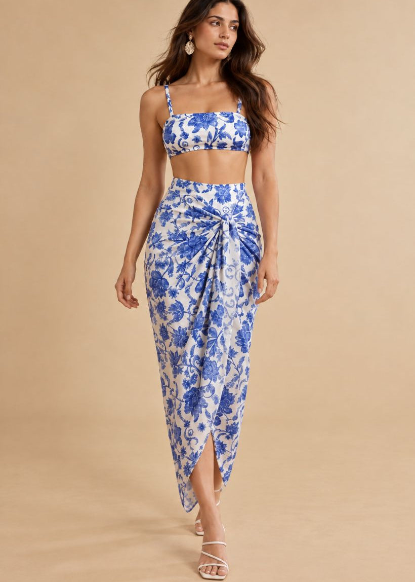 Blue & White Floral Printed High-Waisted Bikini Set