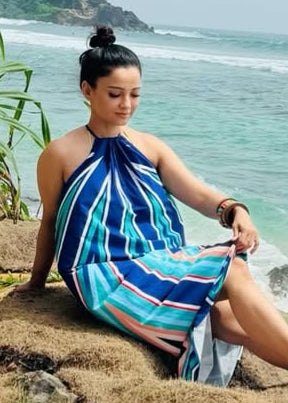 Blue Geometric Printed Halter Neck Maxi Dress