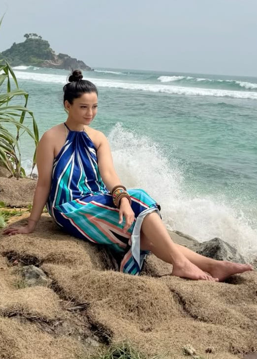 Blue Geometric Printed Halter Neck Maxi Dress