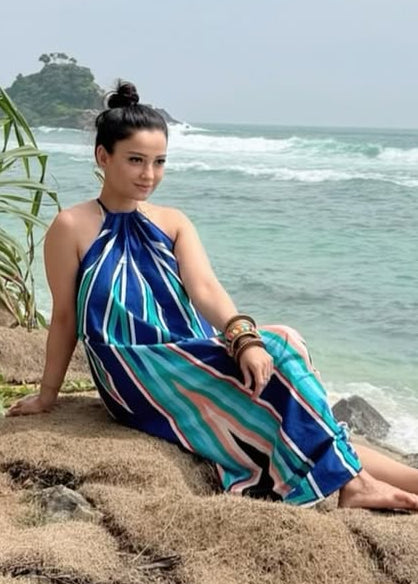 Blue Geometric Printed Halter Neck Maxi Dress