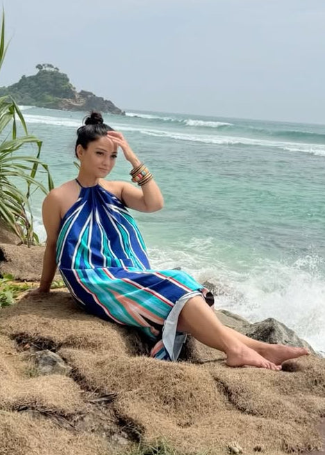 Blue Geometric Printed Halter Neck Maxi Dress