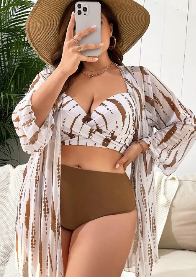 White & Brown Printed Bikini with Coverup