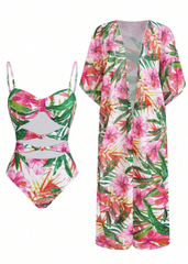 Tropical Cutout Printed Monokini with Cover-up