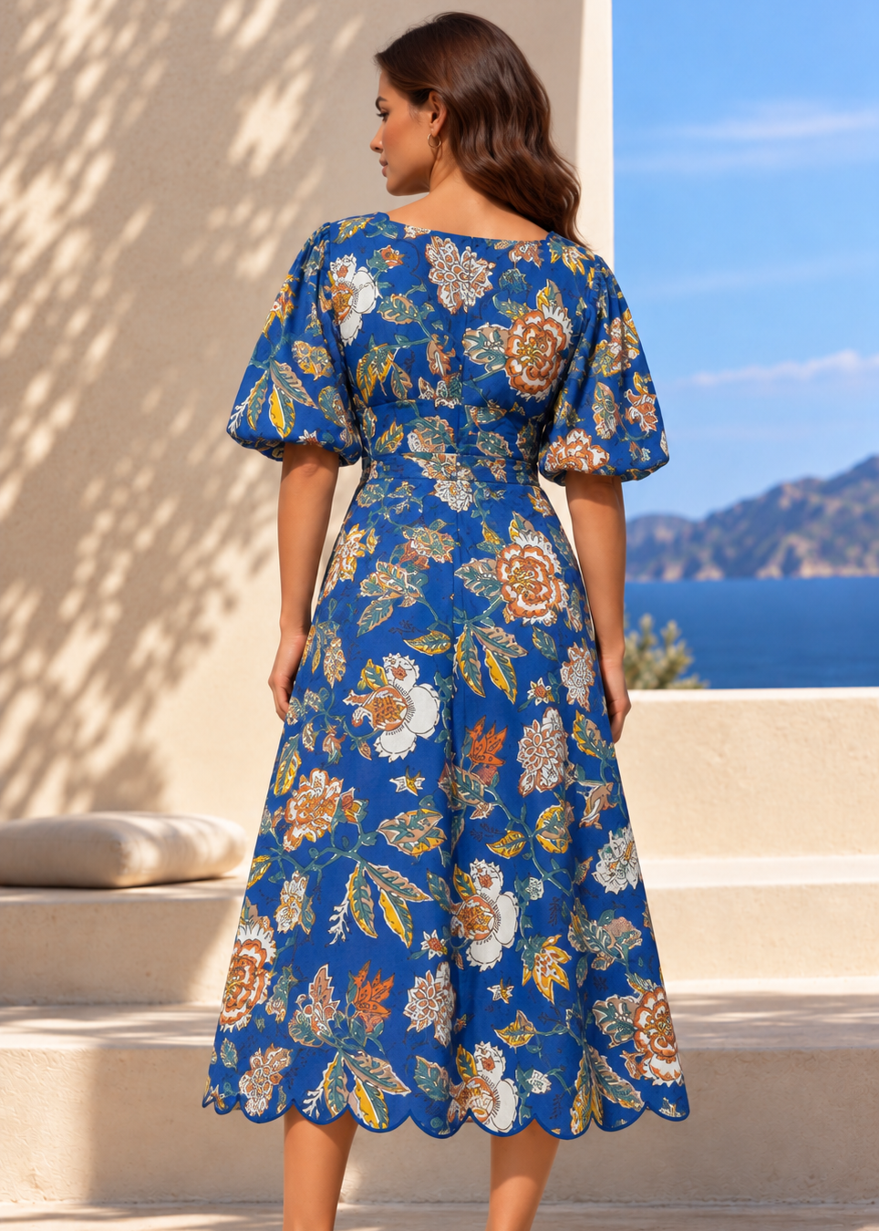 Blue Floral Print Dress with Designer Neckline