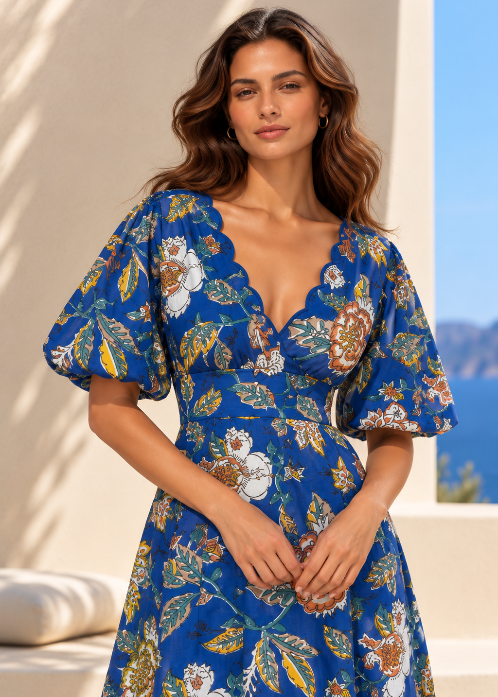 Blue Floral Print Dress with Designer Neckline