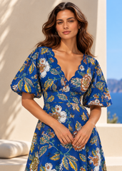 Blue Floral Print Dress with Designer Neckline