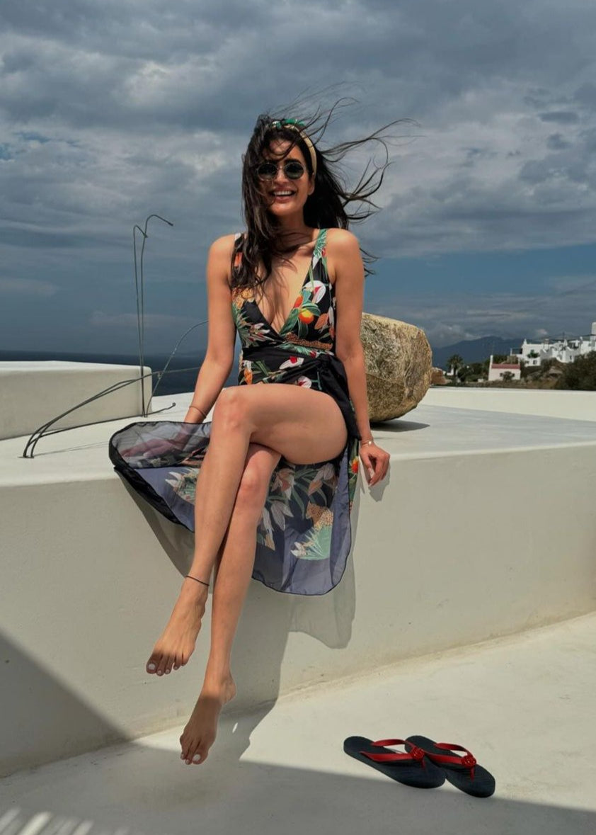 Black Tropical Monokini with a Sarong