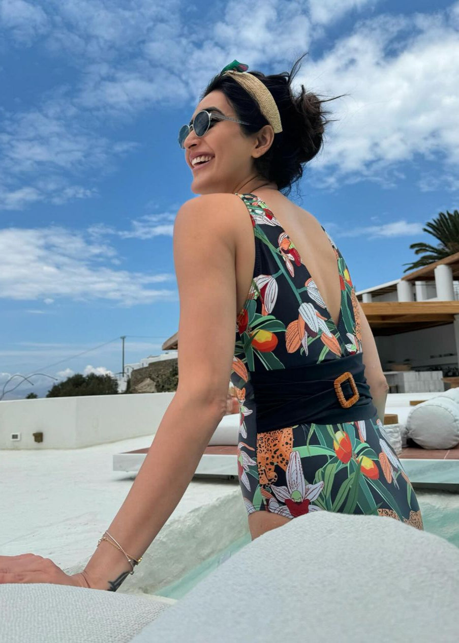 Black Tropical Monokini with a Sarong