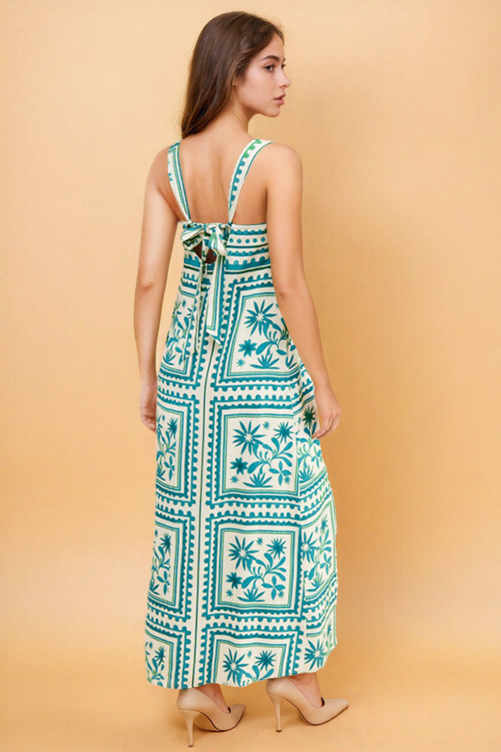 White & Teal Printed Dress