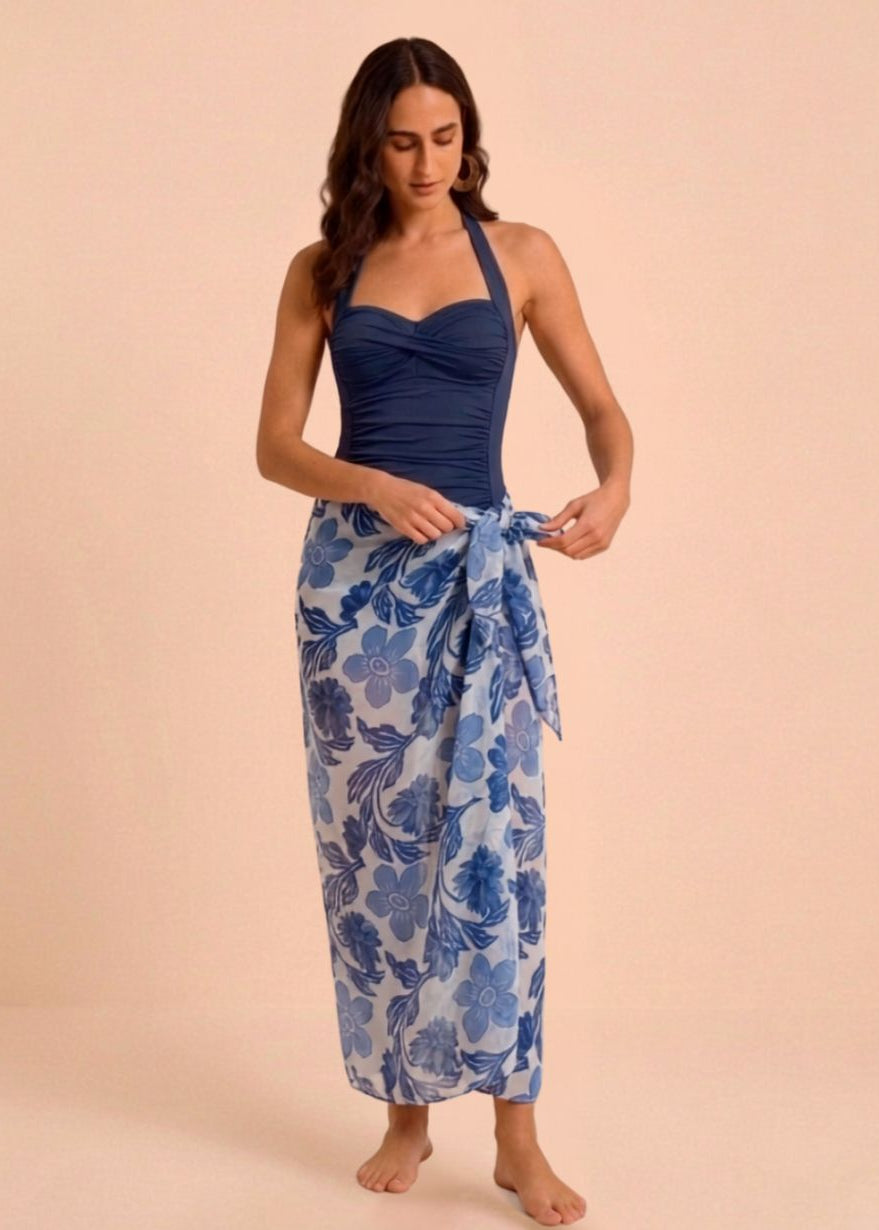 Blue Padded Monokini with Printed Sarong