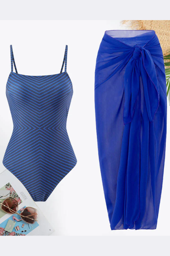 Blue striped Monokini with a Sarong
