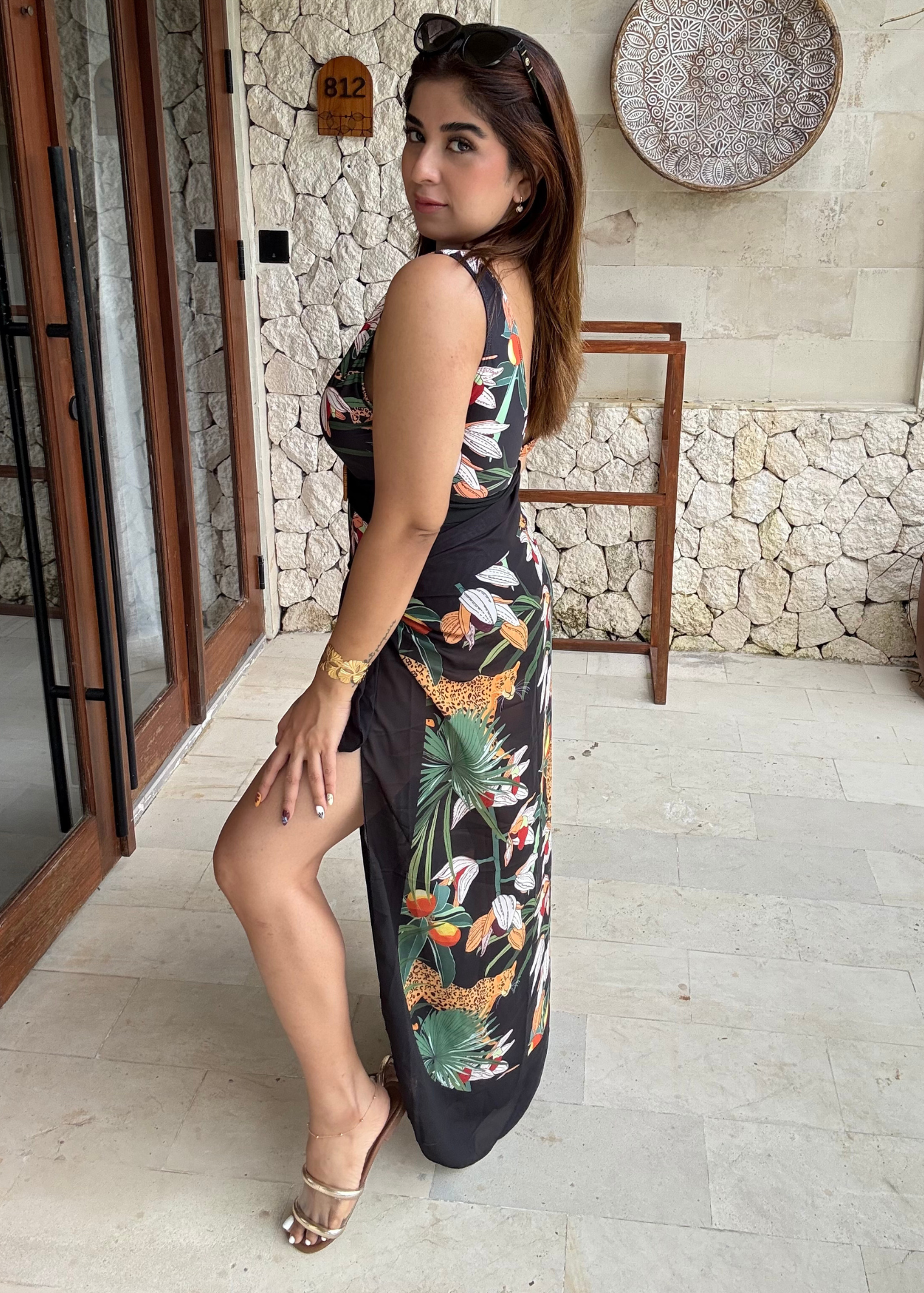 Black Printed Tropical Monokini with a Sarong