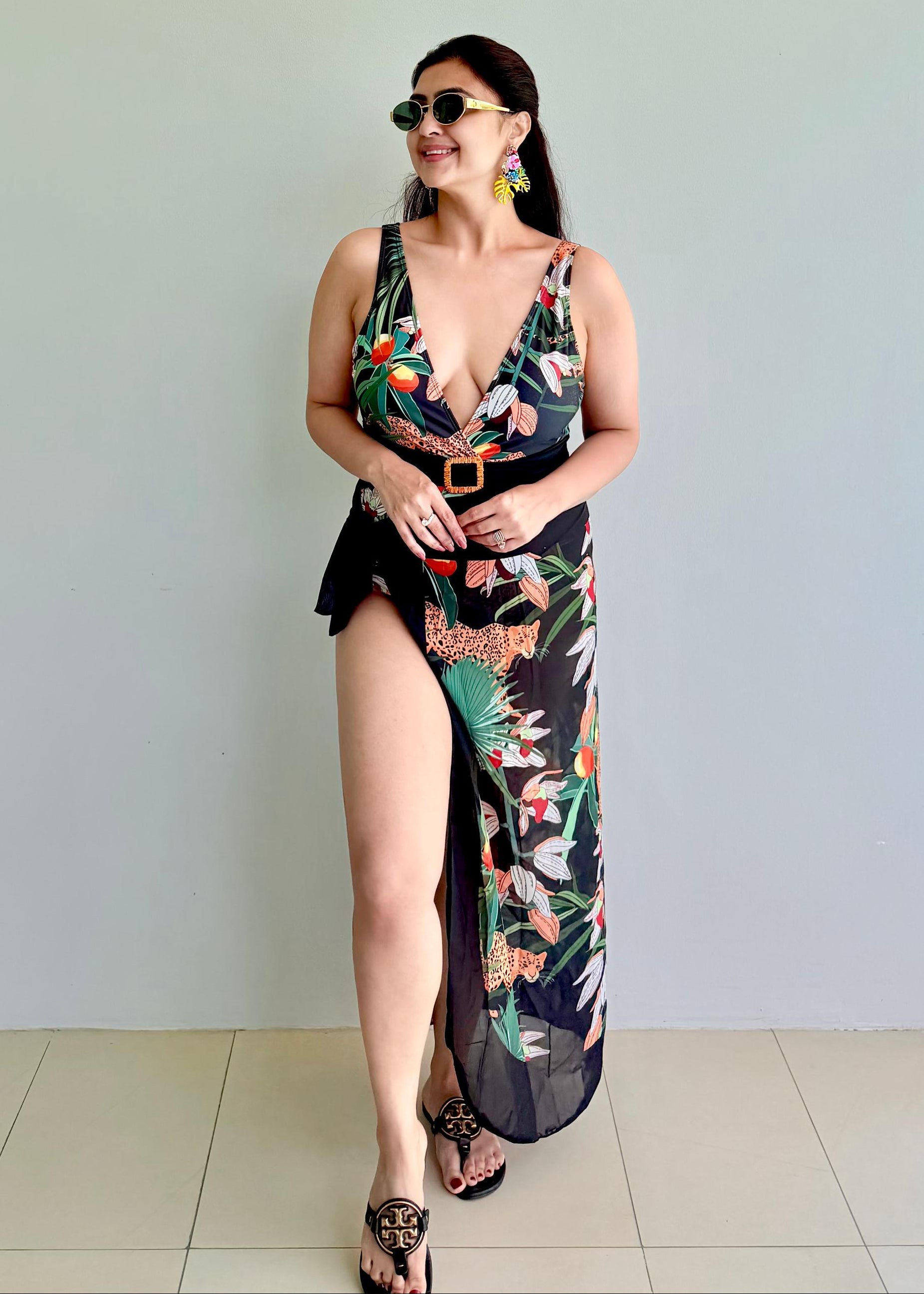 Black Printed Tropical Monokini with a Sarong