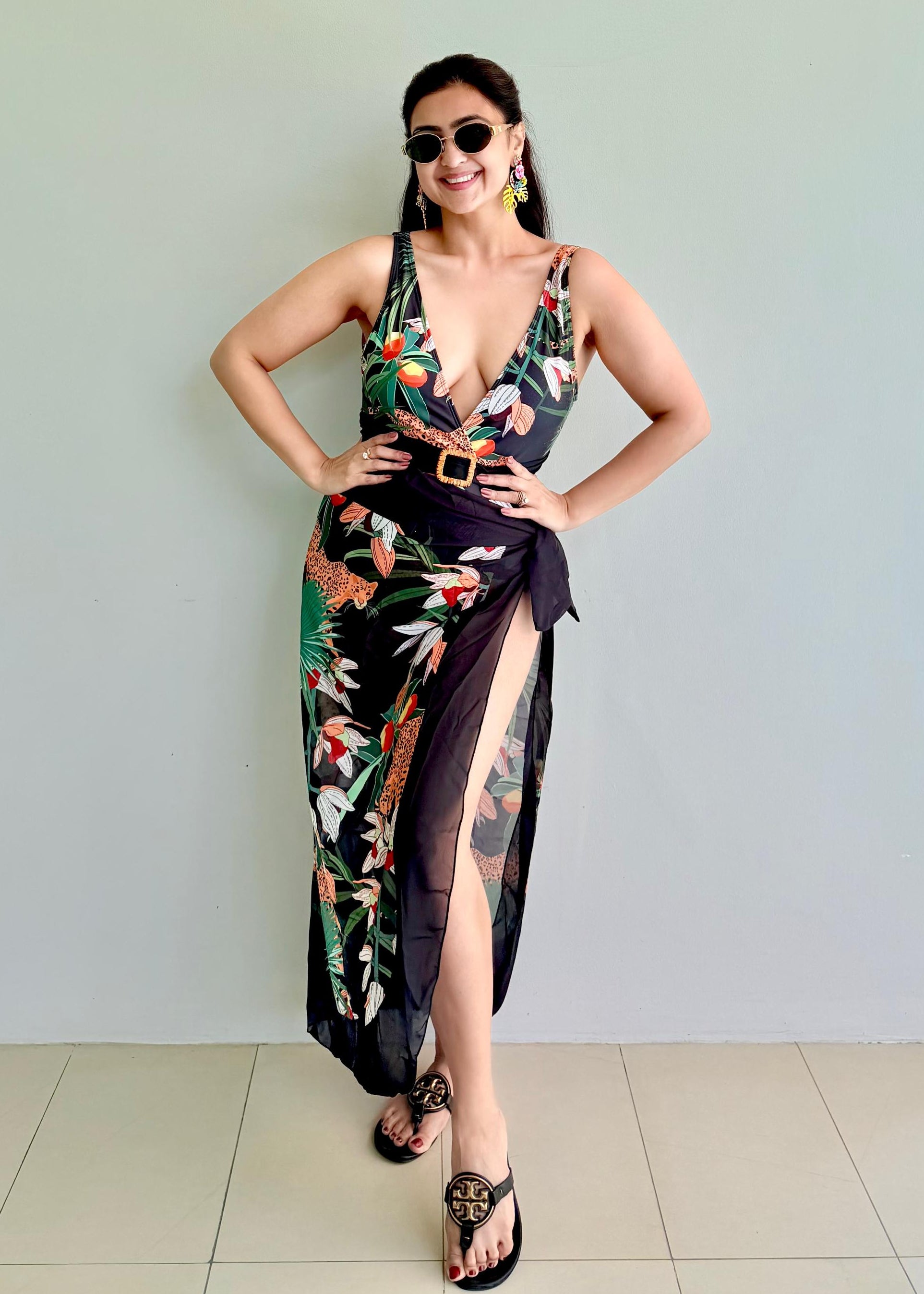 Black Printed Tropical Monokini with a Sarong