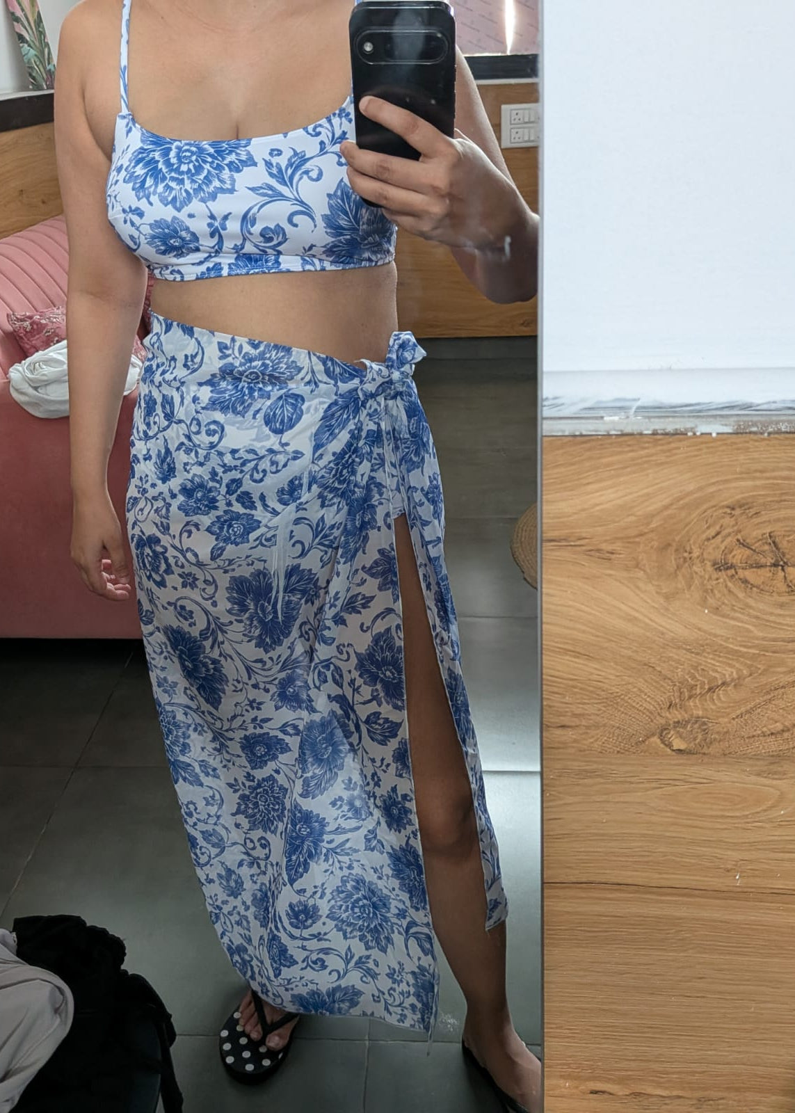 Blue & White Floral Printed High-Waisted Bikini Set