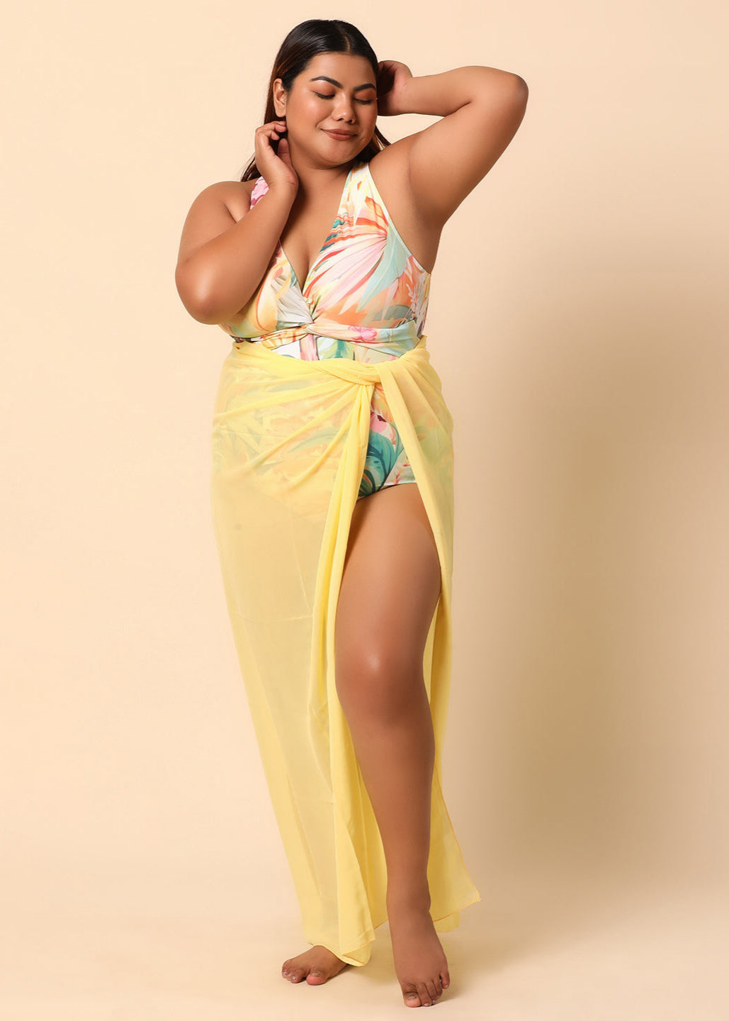 Monokini with yellow sarong