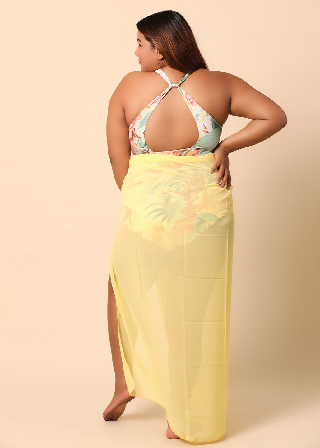 Printed Monokini with yellow sarong