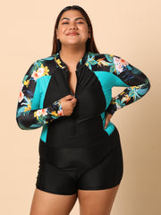 Black & Teal Printed Full Sleeve Swimsuit