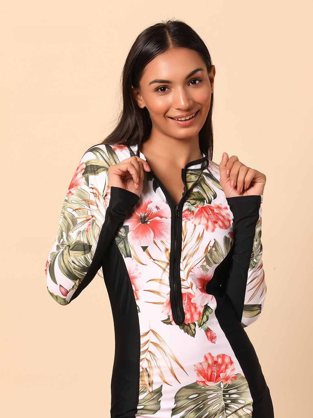 Black Printed Full Sleeve Swimsuit