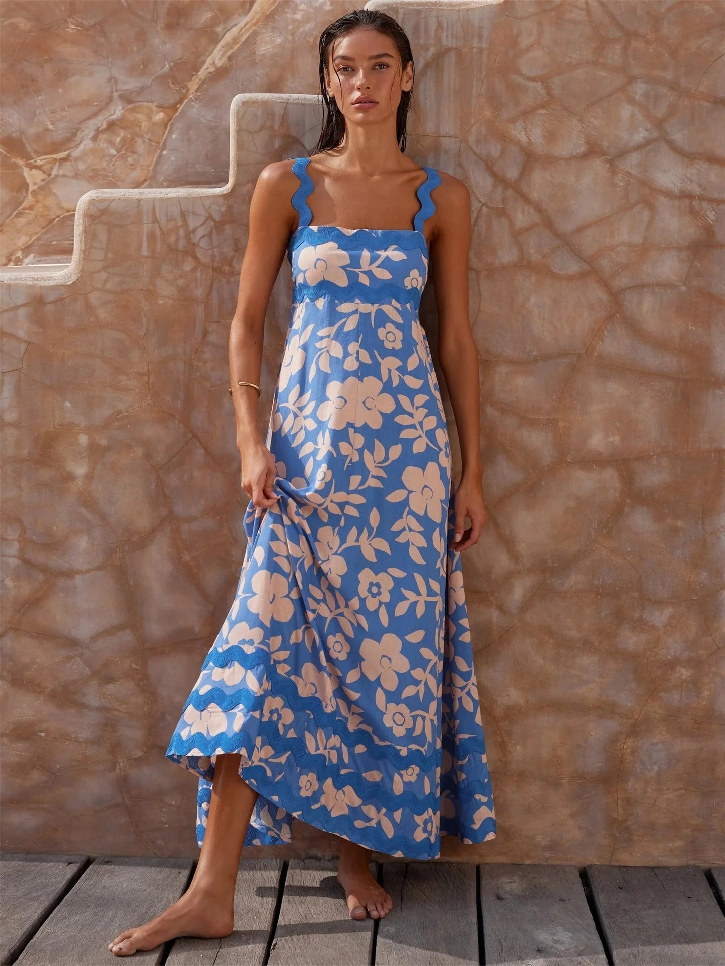 Blue Floral Printed Flared Dress