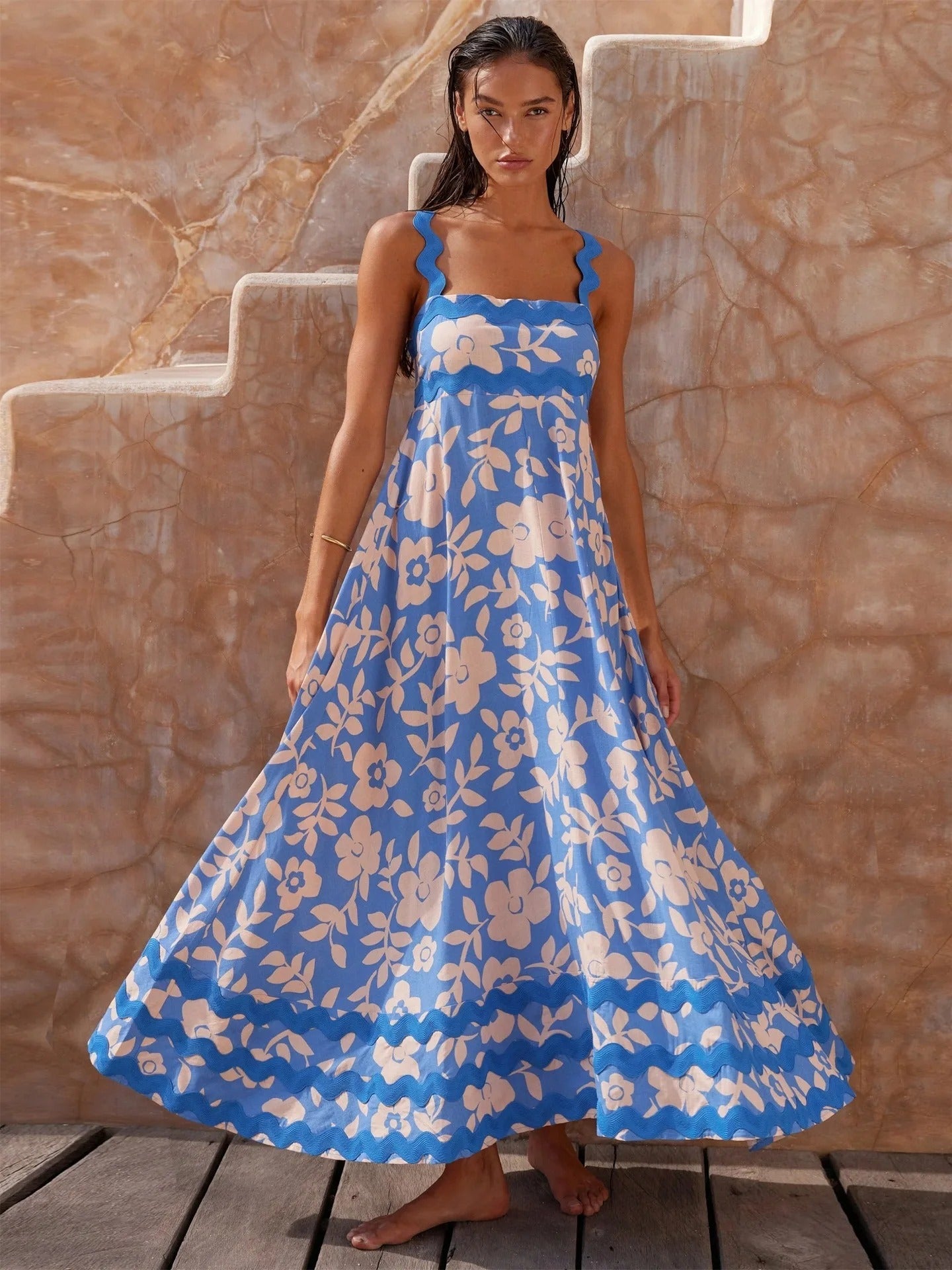 Blue Floral Printed Flared Dress