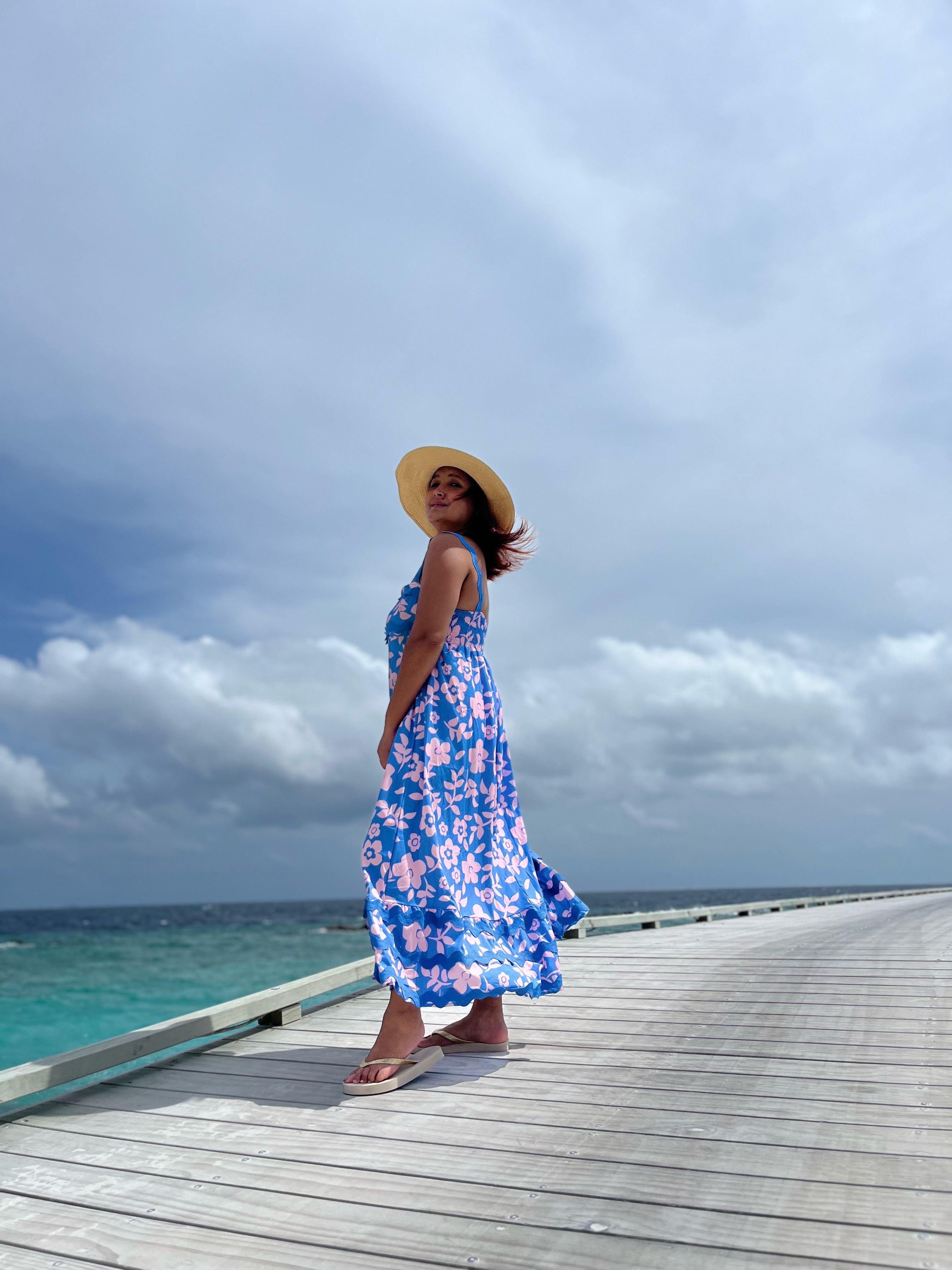 Blue Floral Printed Flared Dress