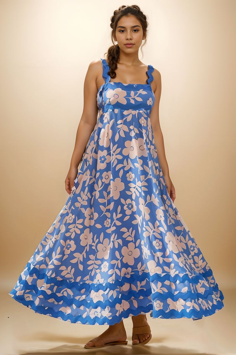 Blue Floral Printed Flared Dress