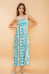 White & Teal Printed Dress