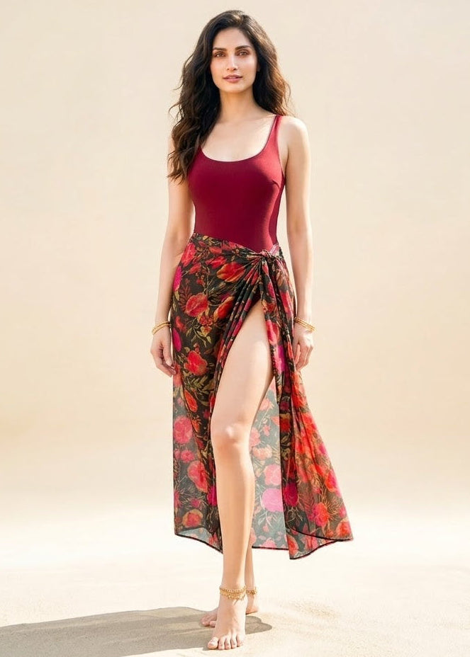 Black and Maroon Floral Sarong