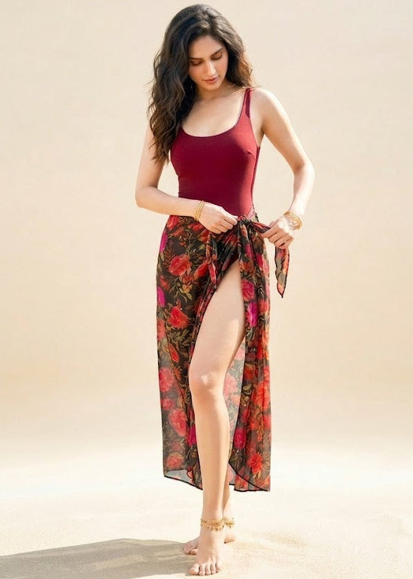 Black and Maroon Floral Sarong