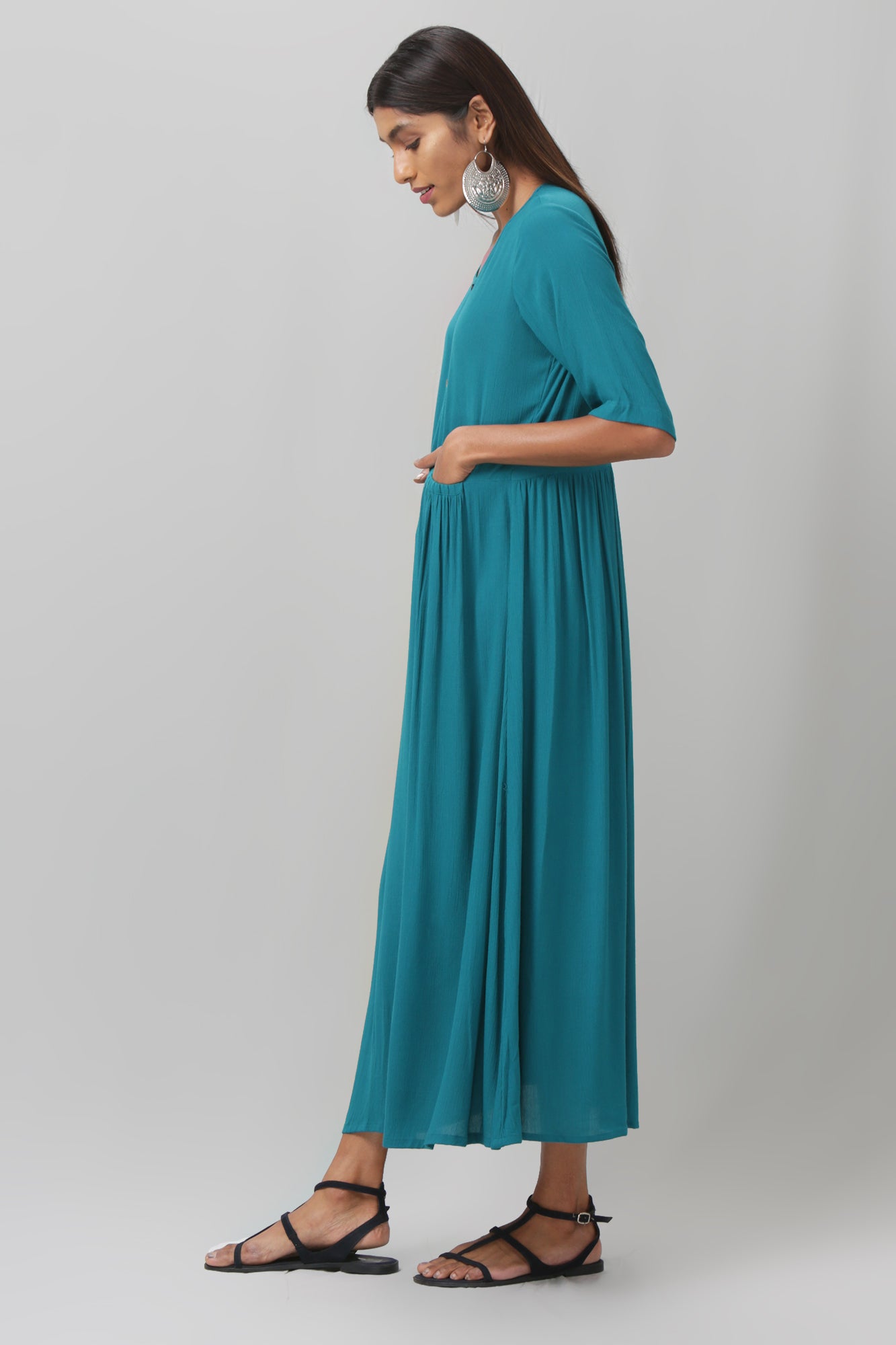 Teal Half Sleeve Dress with Gathered Pockets
