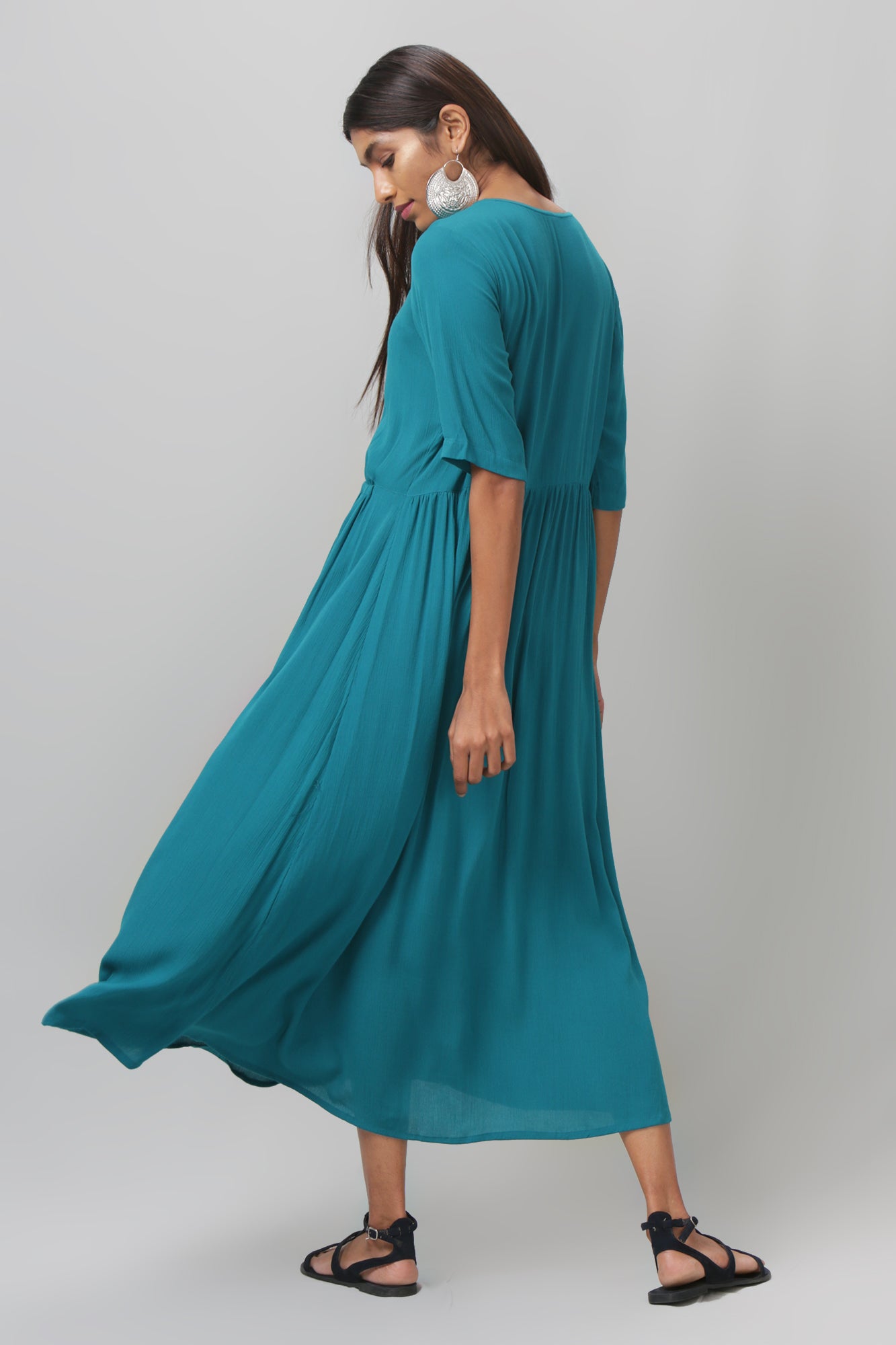 Teal Half Sleeve Dress with Gathered Pockets