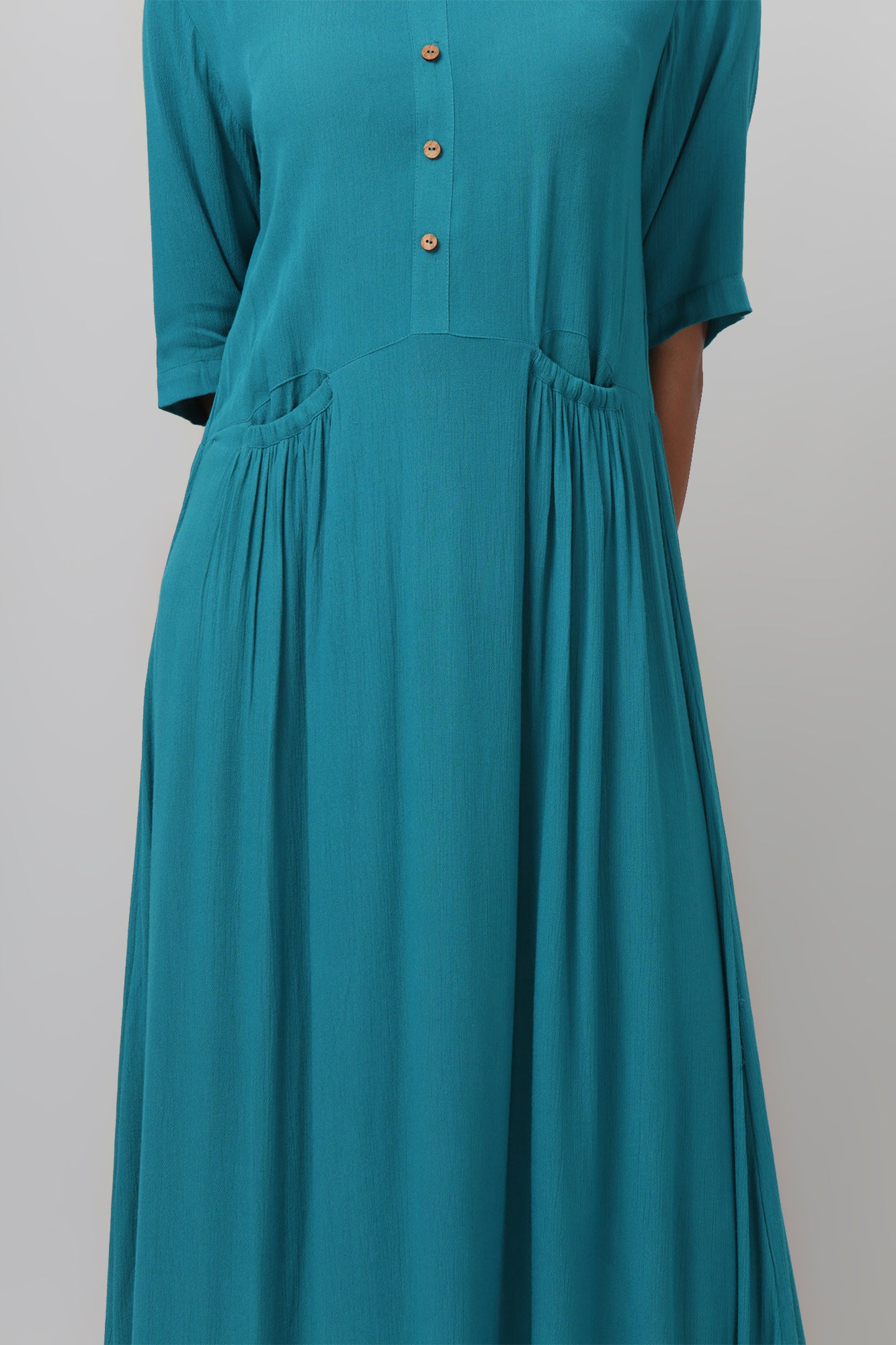 Teal Half Sleeve Dress with Gathered Pockets