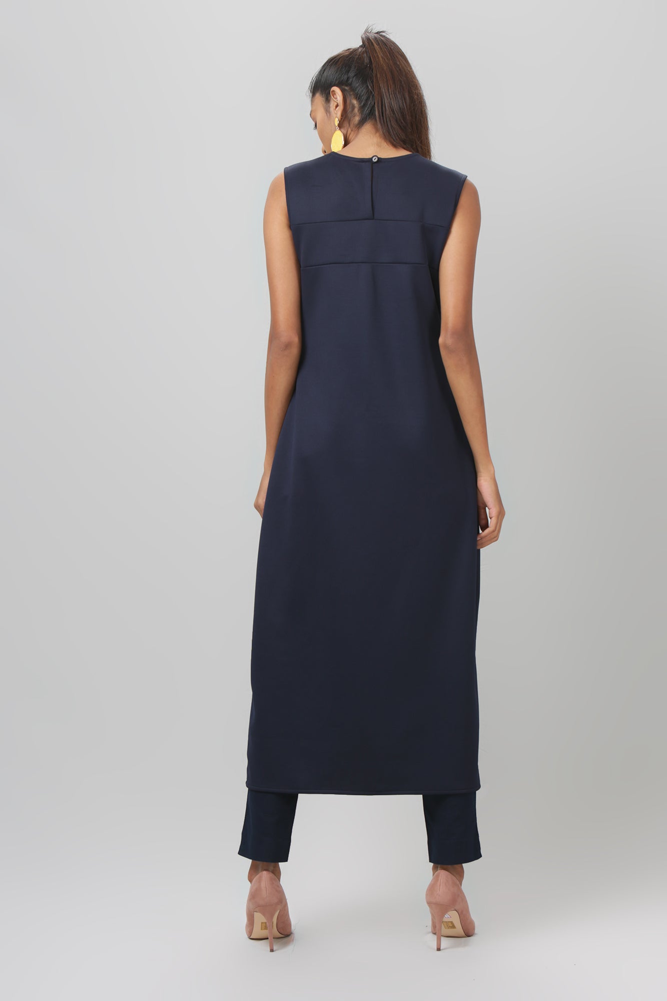 Navy Pleated Sleeveless Scuba Kurti with Slits