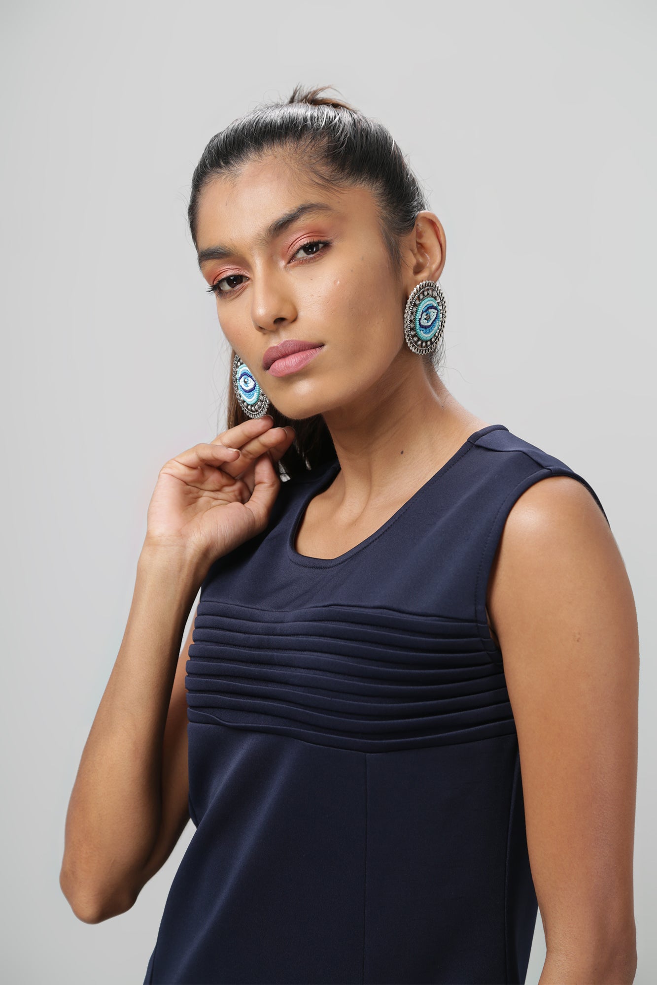 Navy Pleated Sleeveless Scuba Kurti with Slits