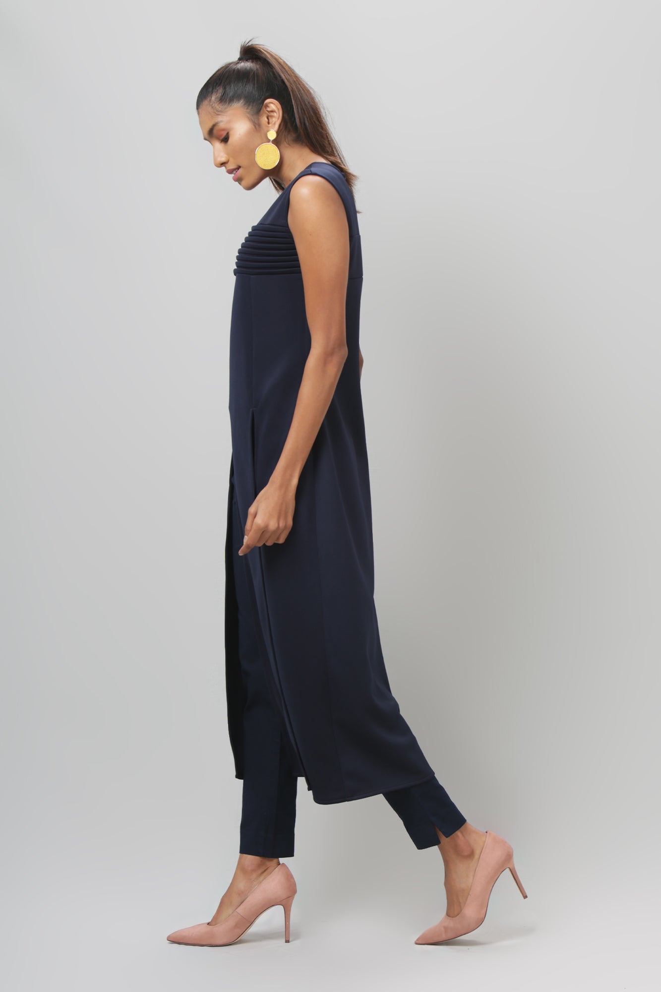 Navy Pleated Sleeveless Scuba Kurti with Slits