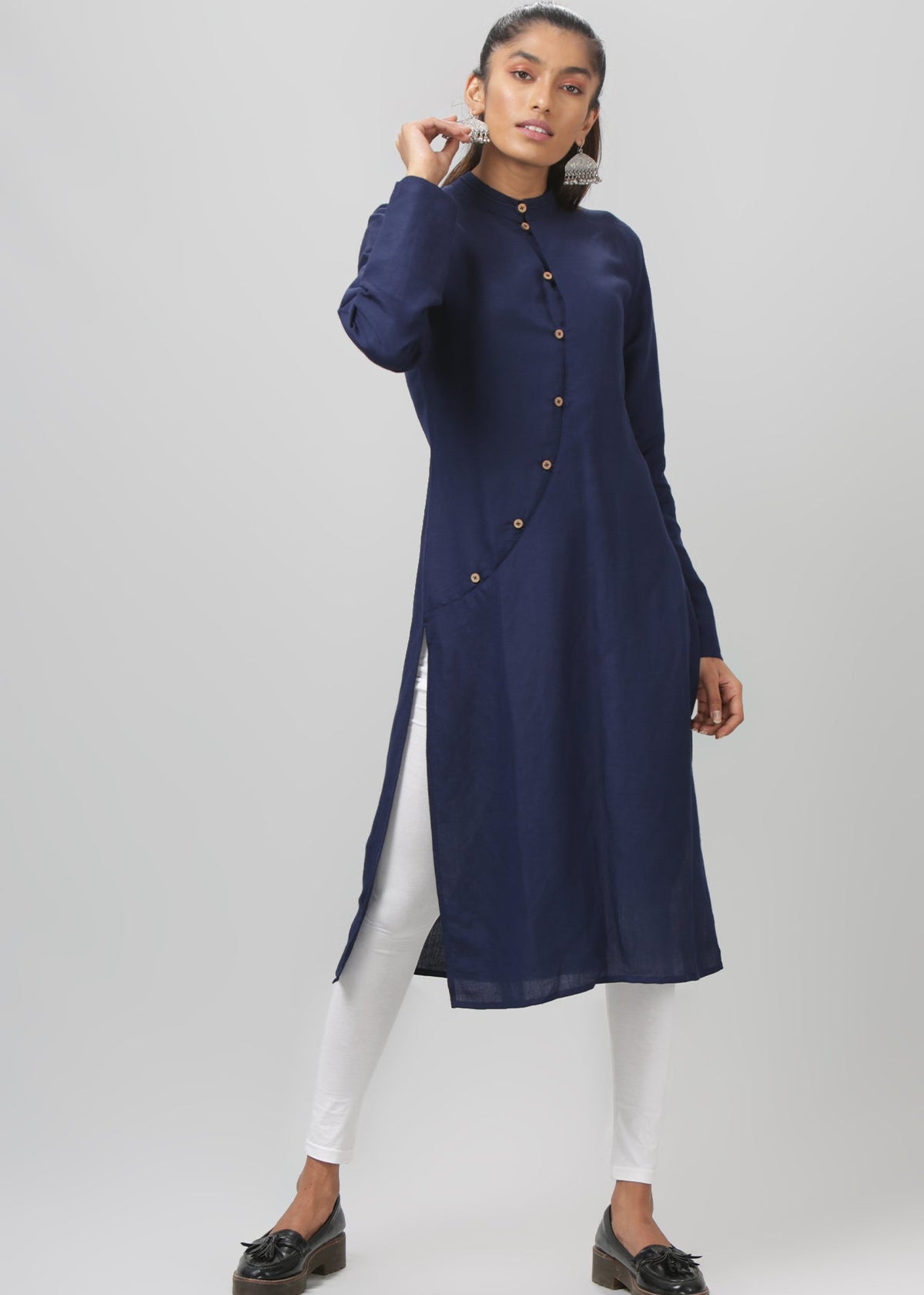 Navy curved Placket Mandarin Collar Full Sleeve Kurti