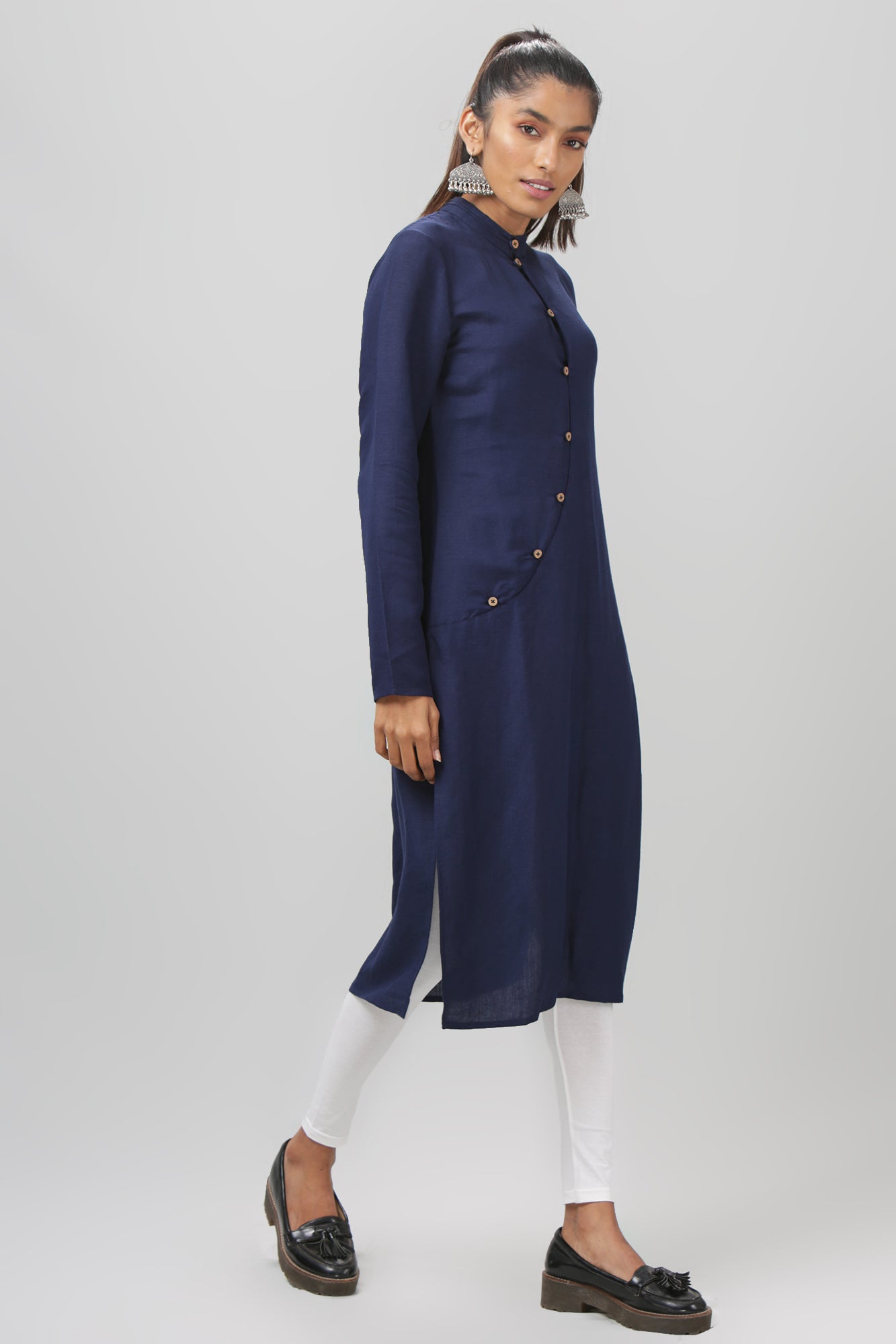 Navy curved Placket Mandarin Collar Full Sleeve Kurti