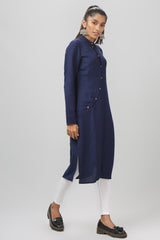 Navy curved Placket Mandarin Collar Full Sleeve Kurti