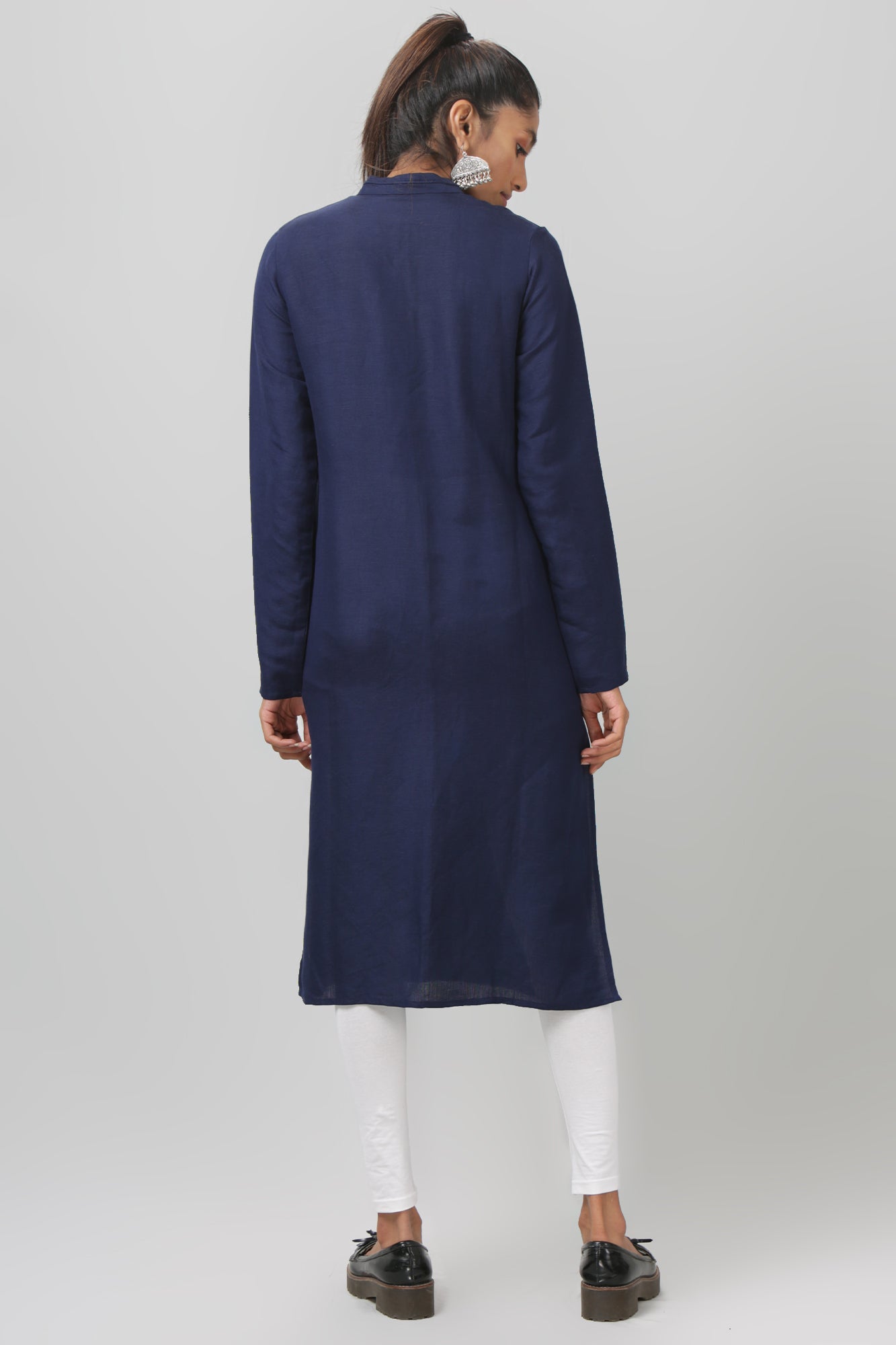 Navy curved Placket Mandarin Collar Full Sleeve Kurti