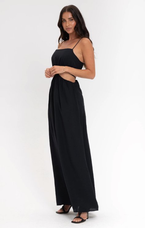 Black dress with designer waist cuts - WomanLikeU