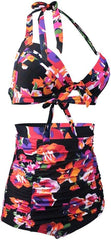 Black Floral High-waisted Bikini - WomanLikeU