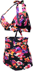 Black Floral High-waisted Bikini - WomanLikeU
