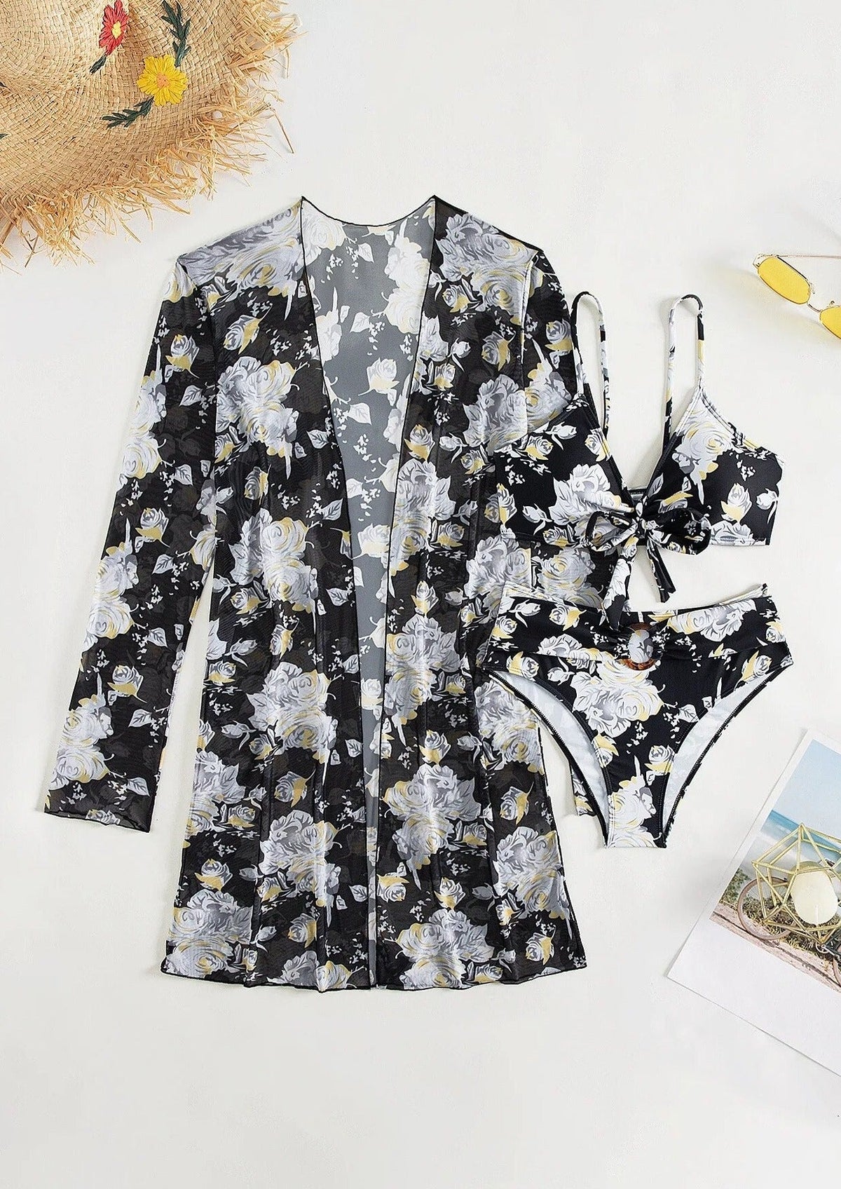 Black Floral Printed Bikini with a Shrug - WomanLikeU