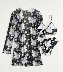Black Floral Printed Bikini with a Shrug - WomanLikeU