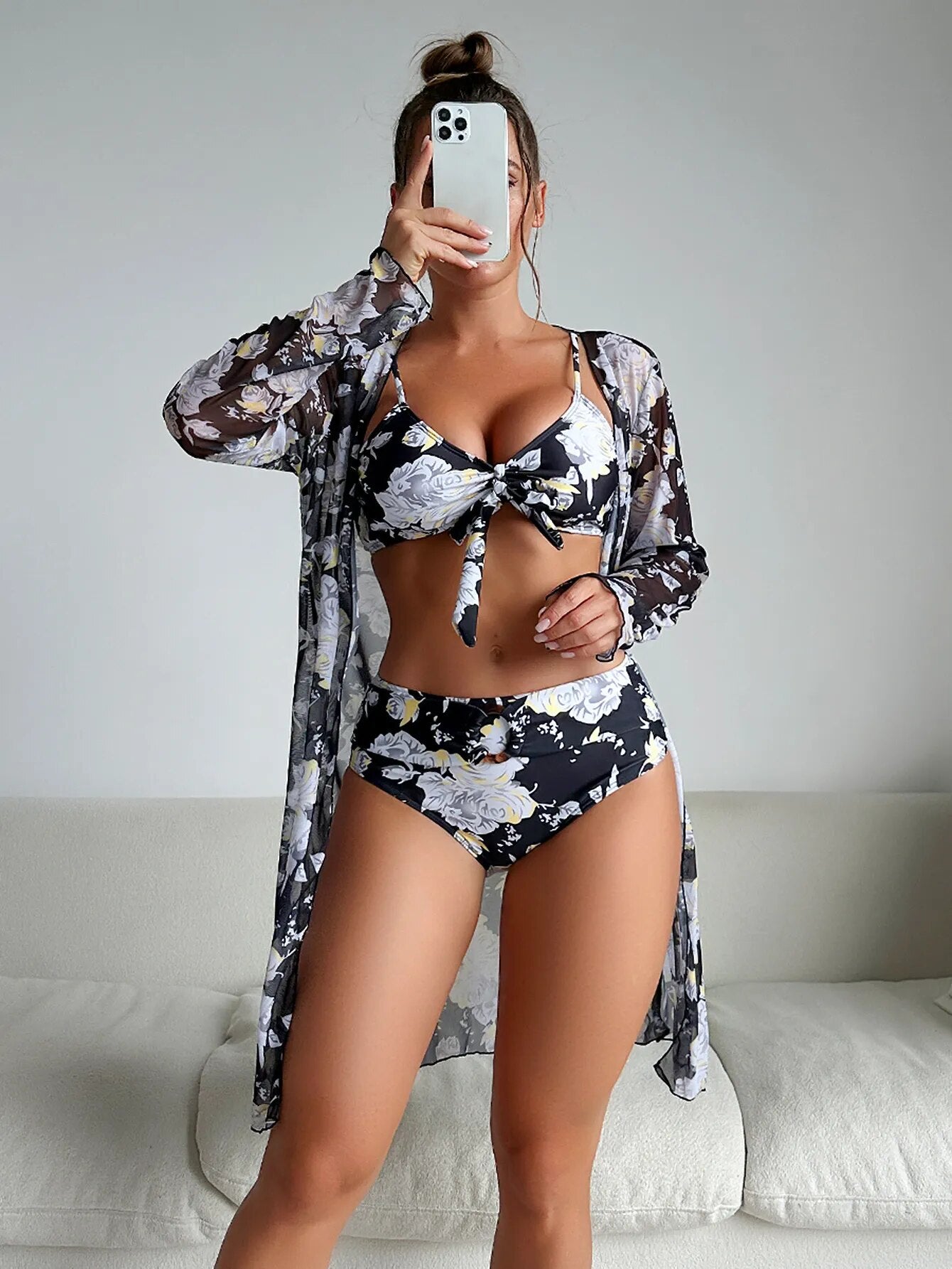 Black Floral Printed Bikini with a Shrug - WomanLikeU