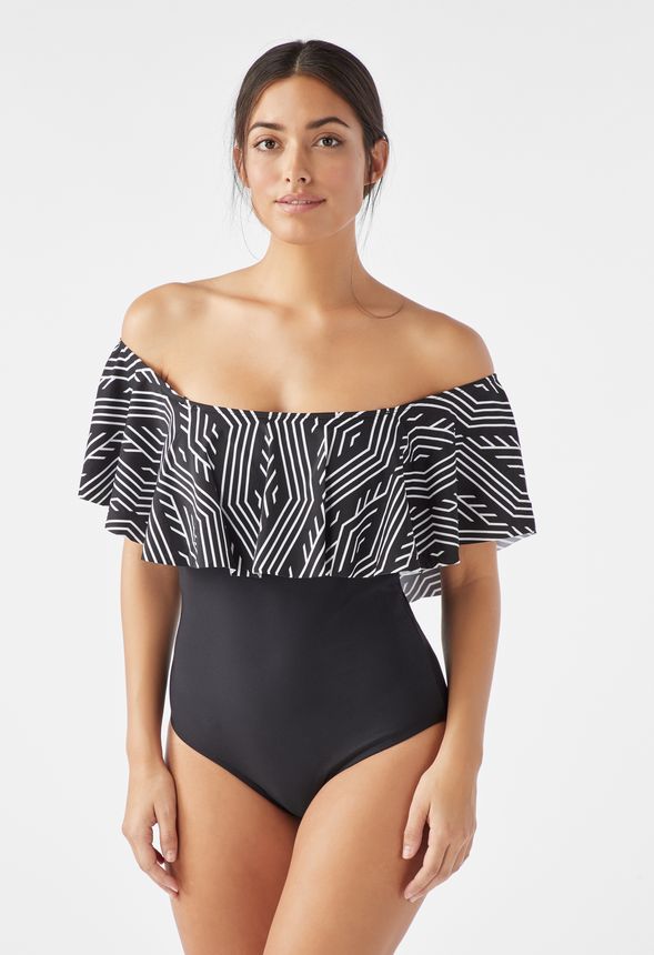 Black off-shoulder Monokini with Straps - WomanLikeU