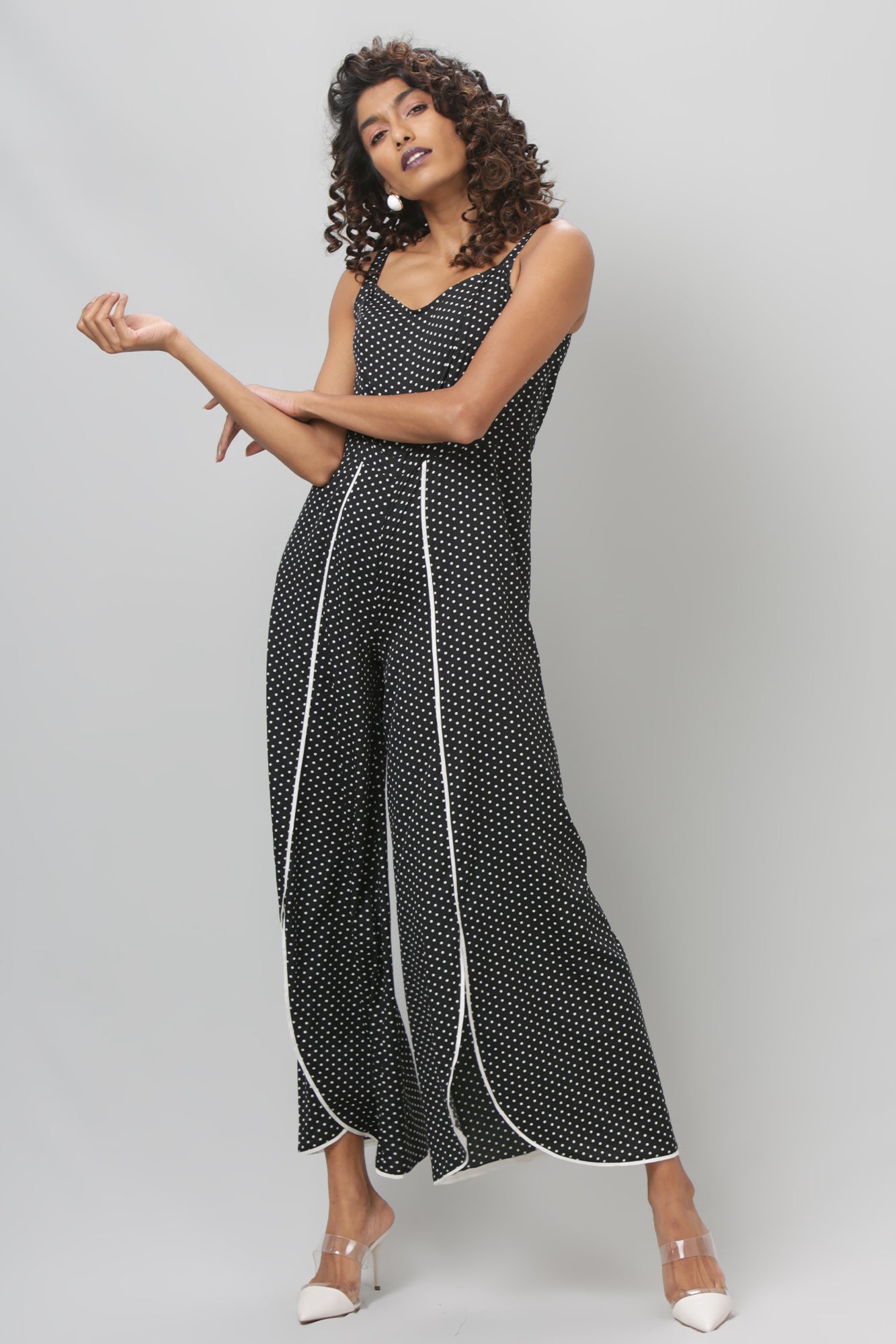 Black Polka Dot Strap Shoulder Jumpsuit - WomanLikeU
